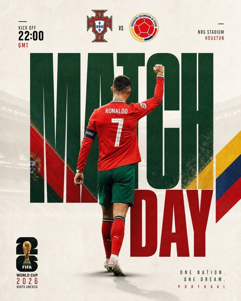 Ultra-realistic football match day poster design, Cristiano Ronaldo seen from the back wearing Portugal red jersey nu...
