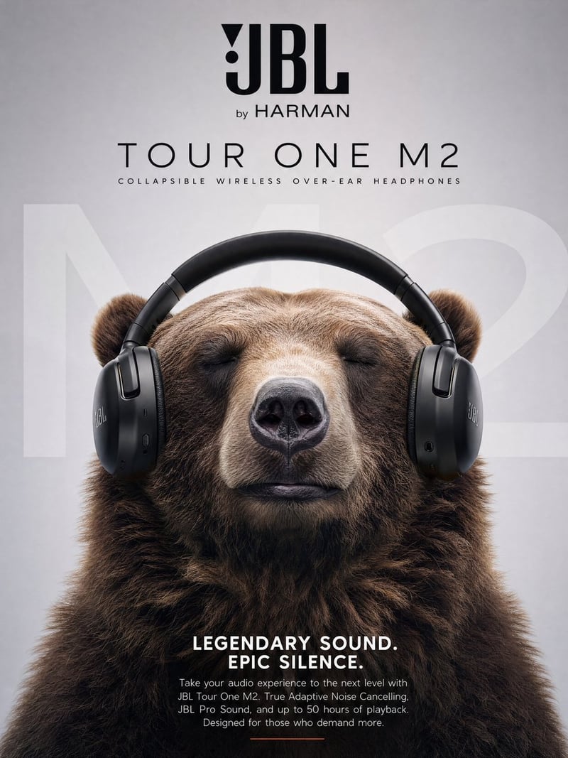 Ultra realistic commercial poster of a massive brown grizzly bear peacefully enjoying music while wearing sleek matte...