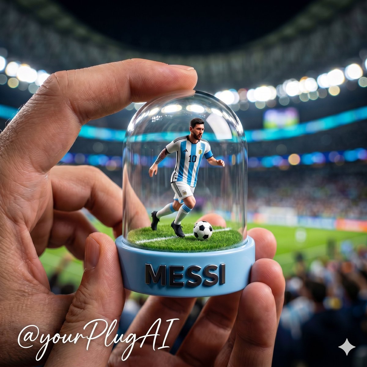 Hyper-realistic glass dome luxury capsule containing a miniature football stadium scene with a Ronaldo figure celebrating, displayed as a premium cinematic product render with gold metallic details. Thumbnail 3