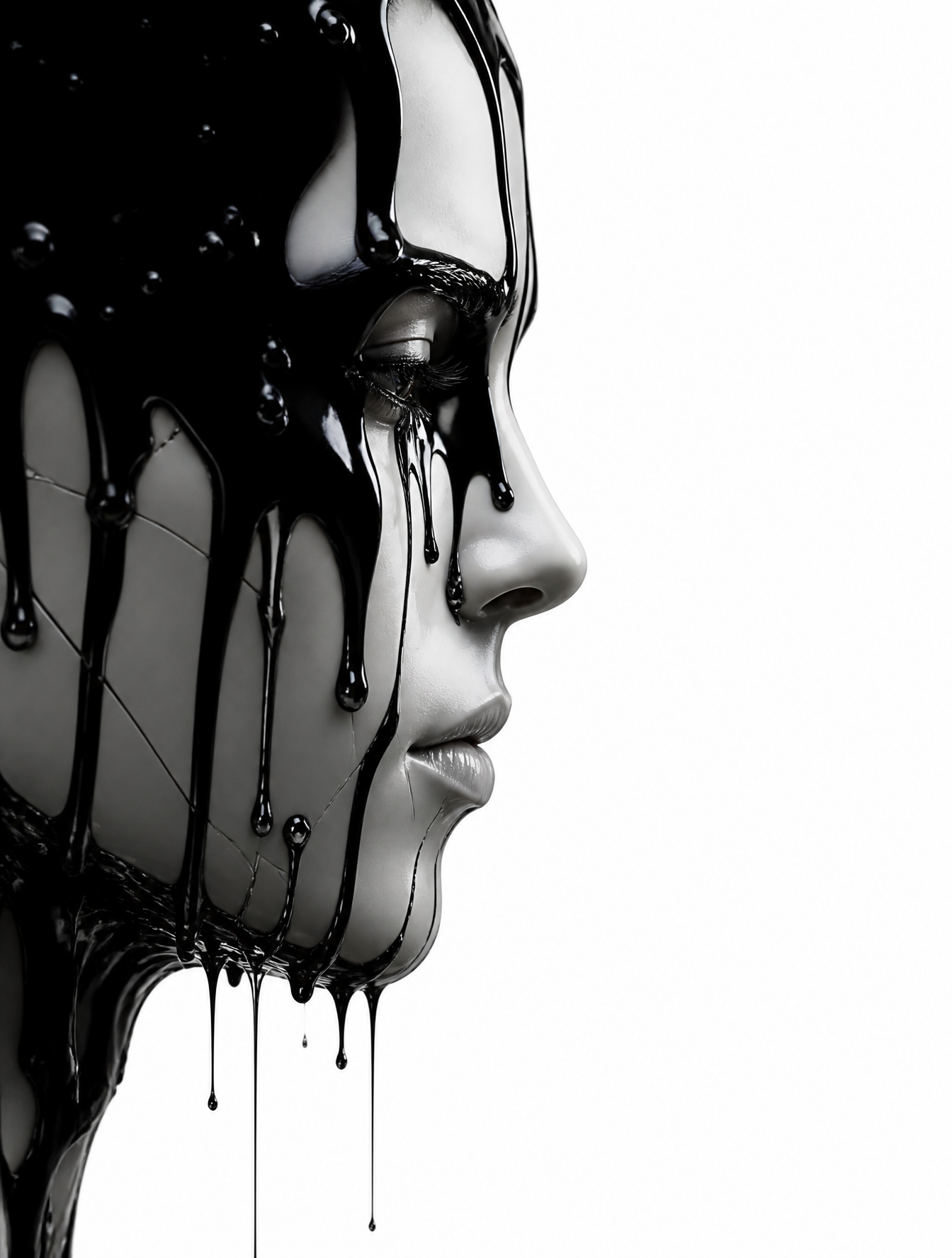 Black Liquid Cyberpunk Portrait Poster — A minimalist profile of a male humanoid robot face emerges from a stark white void, partially obscured by viscous high-