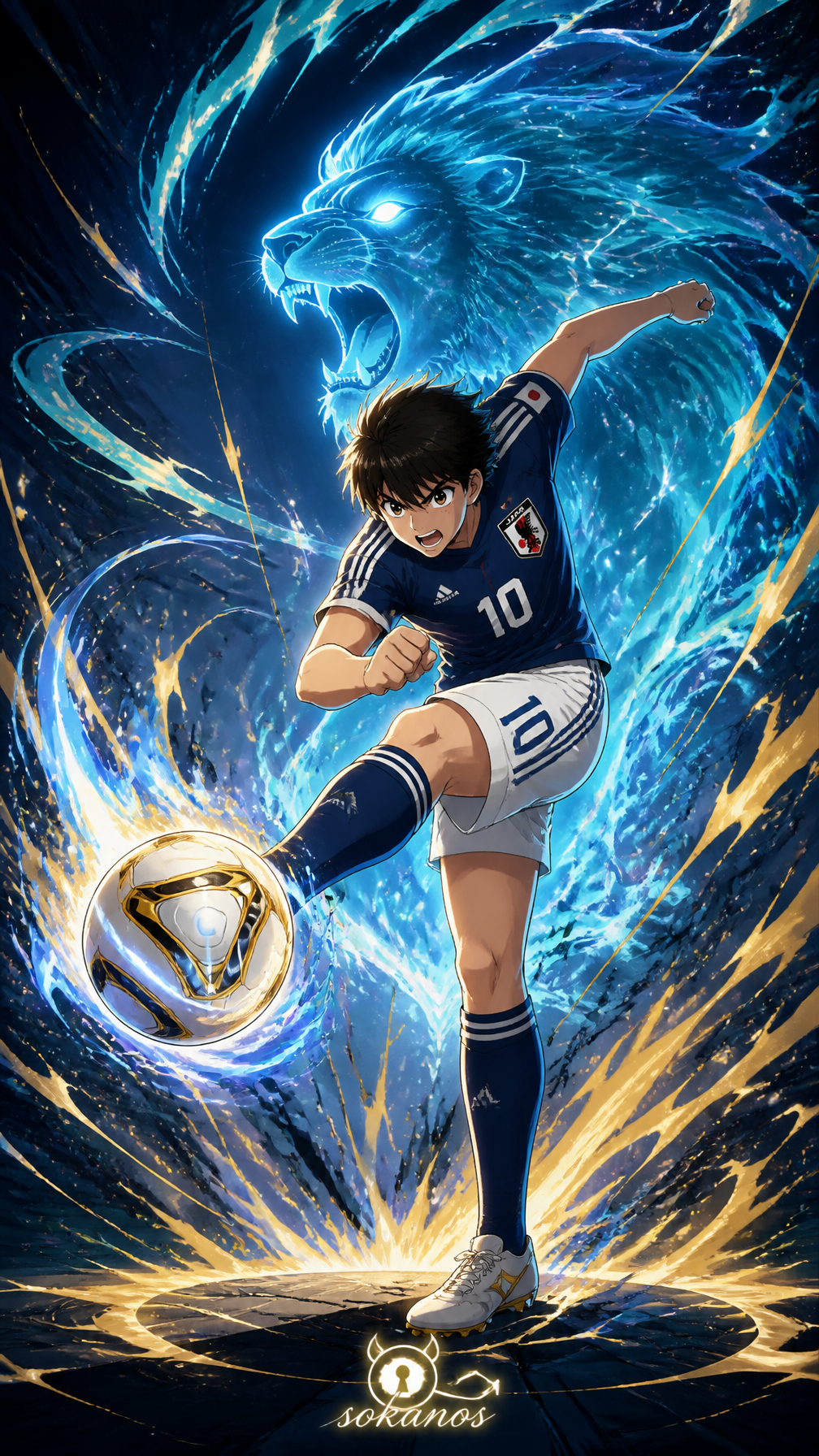 captain-tsubasa-anime-world-cup-poster — A legendary premium anime poster of Tsubasa Ozora in a stylized modern sports illustration, ultra-detailed 8K, vertical