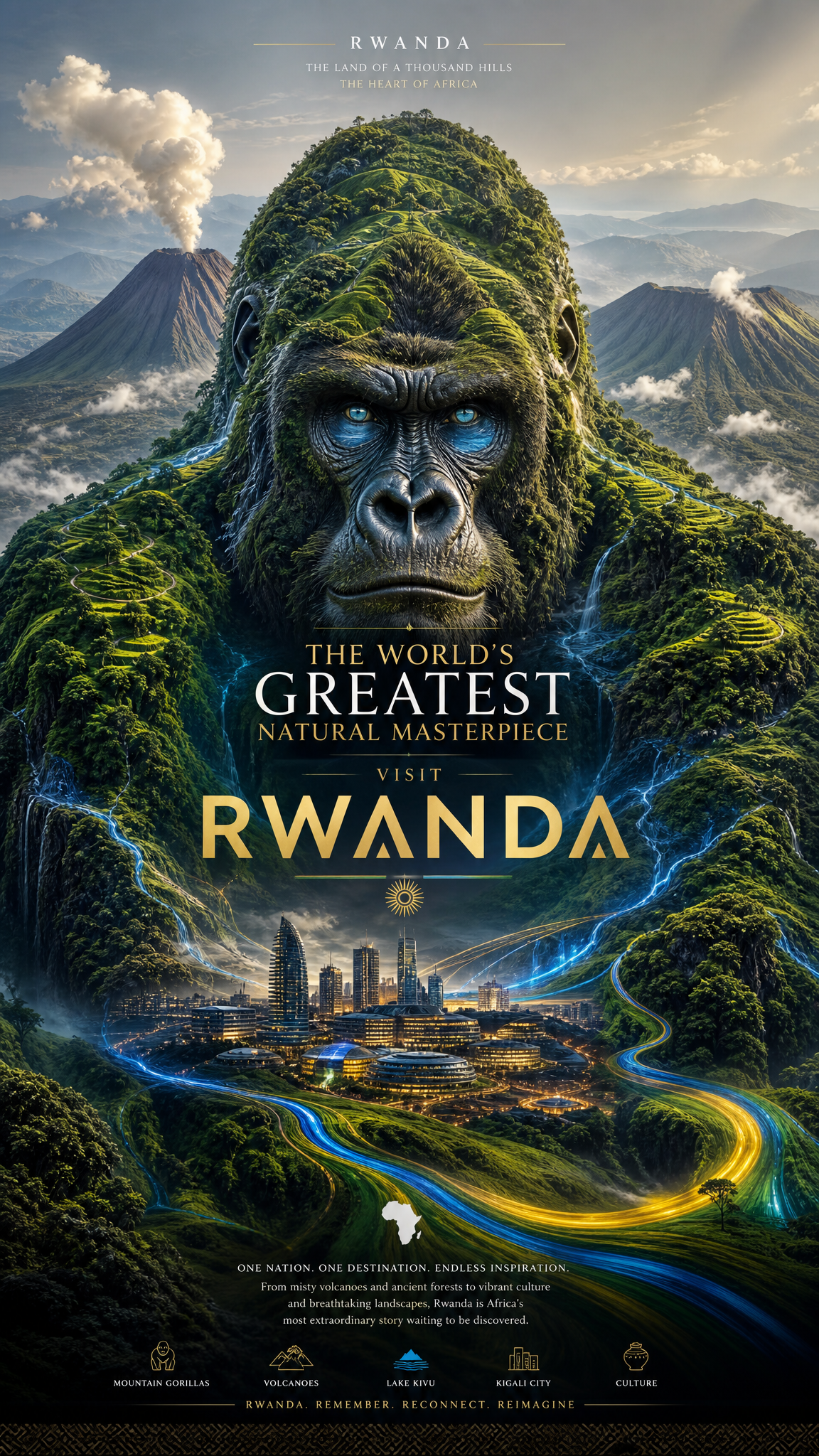 Design: Create a revolutionary tourism poster for Rwanda where the entire country is v...