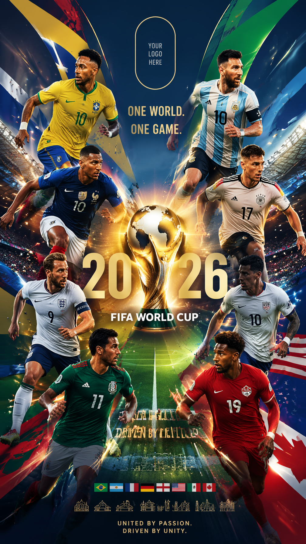 global-slugfest-multi-nation-poster — Сборные мира — главный официальный постерВертикальный постер 9:16, несколько футболистов из разных сборных (Бразилия, Арге