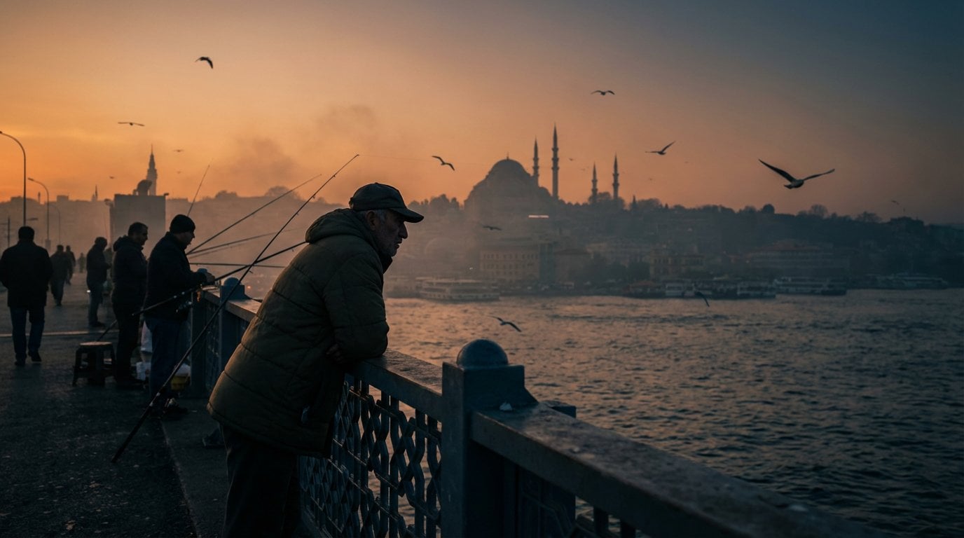 A cinematic silhouette shot of local fishermen lining the Galata Bridge in Istanbul during sunse... thumbnail 2