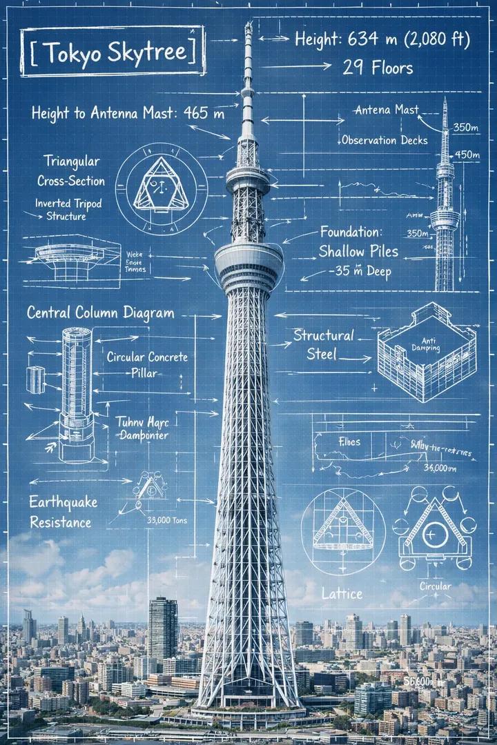 Create an infographic image of LANDMARK, combining a real photograph of the landmark with bluepr... thumbnail 3