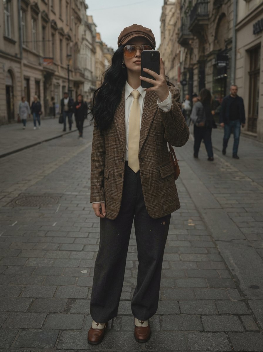 Stylish Woman Taking A Mirror Selfie ON A European Cobblestone sample 1