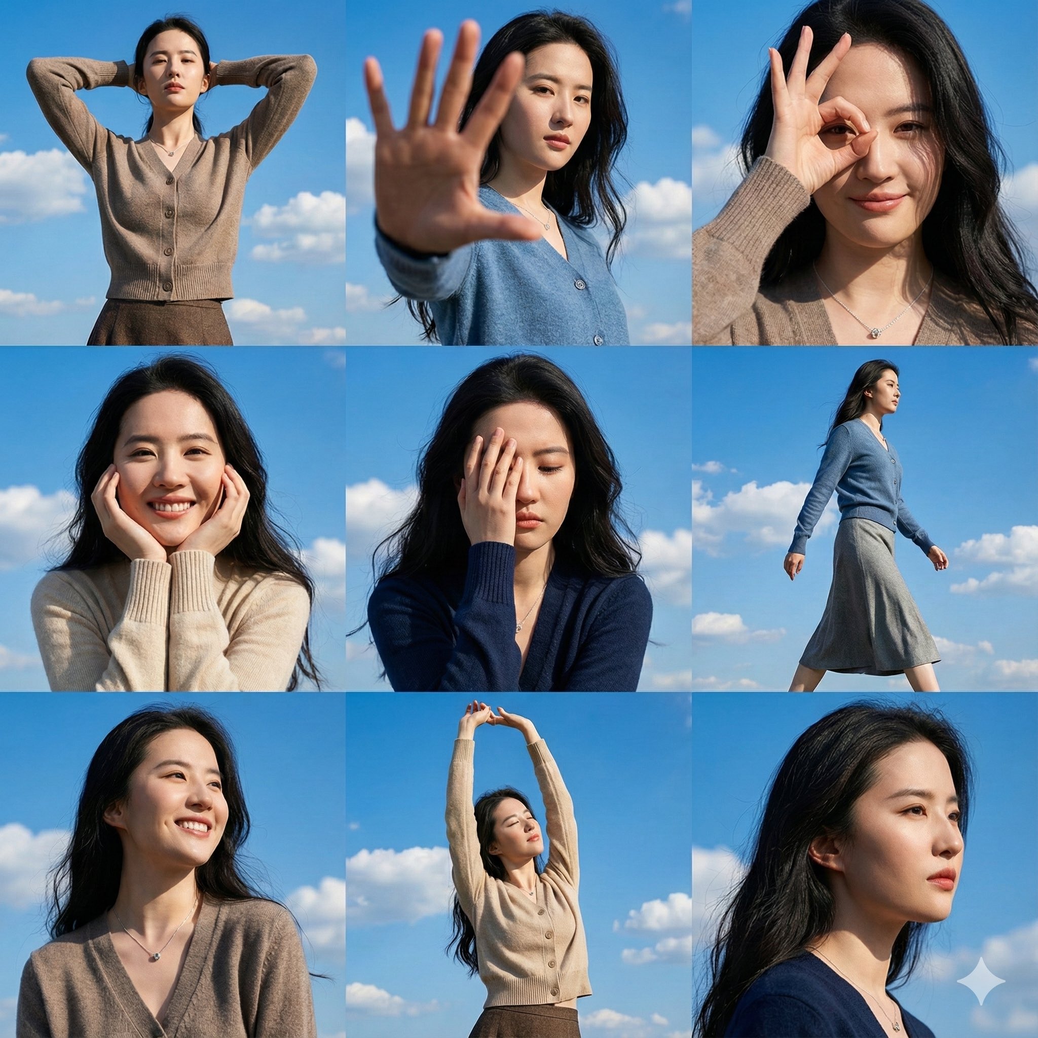 一张高分辨率的3x3网格照片拼贴，包含九个不同的动态姿势，以上传的女性面 sample 1