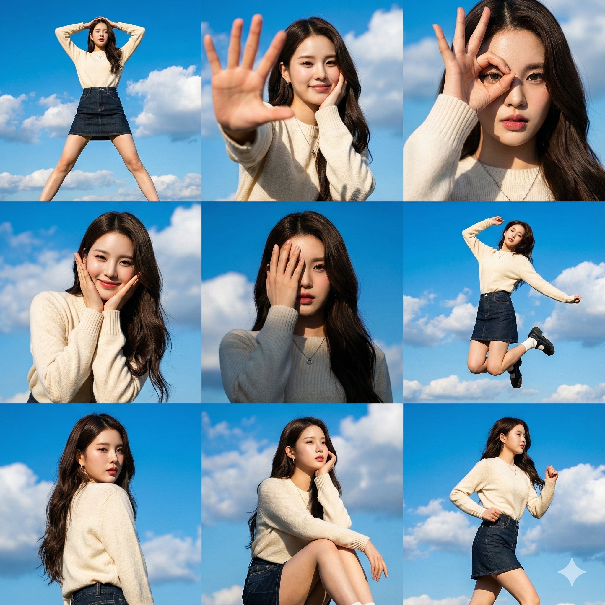 一张高分辨率的3x3网格照片拼贴，包含九个不同的动态姿势，以上传的女性面 sample 2