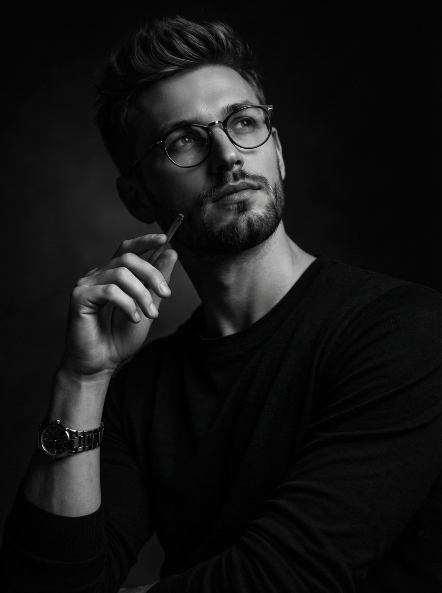 Dramatic Black And White Studio Portrait OF A Thoughtful Man sample 1