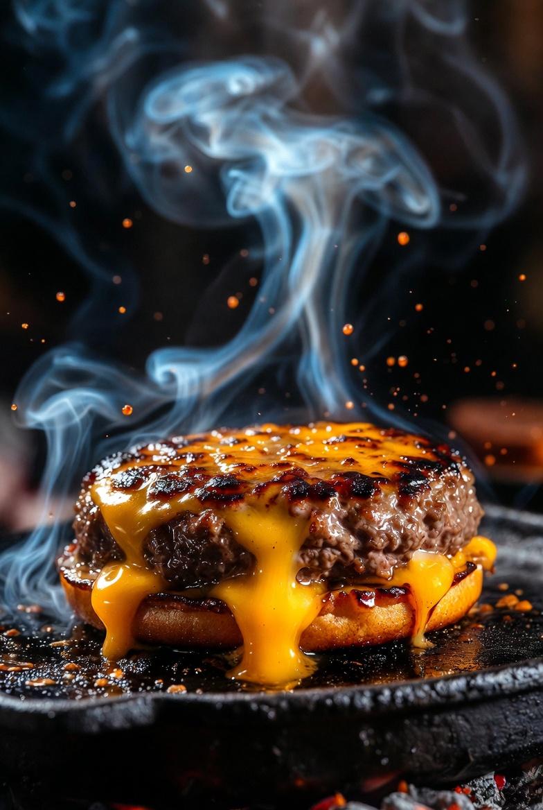Hyper-realistic, Cinematic Close-up OF A Sizzling Gourmet Cheeseburger. The Thick, sample 2
