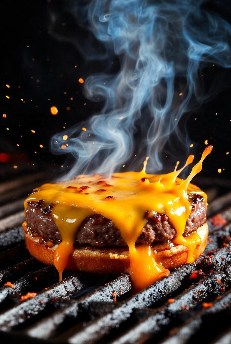 Hyper-realistic, Cinematic Close-up OF A Sizzling Gourmet Cheeseburger. The Thick, sample 3