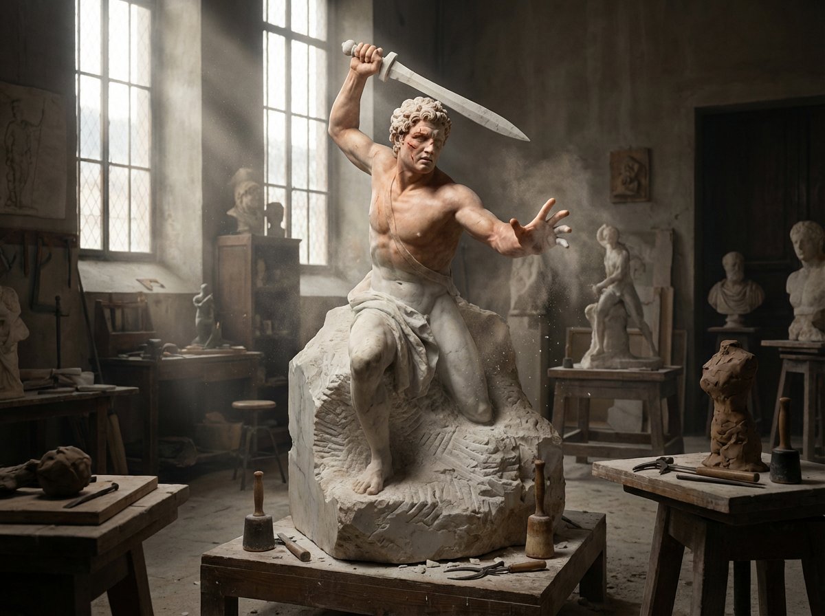 Half-finished Marble Sculpture IN A Dusty Renaissance Workshop, With The sample 2