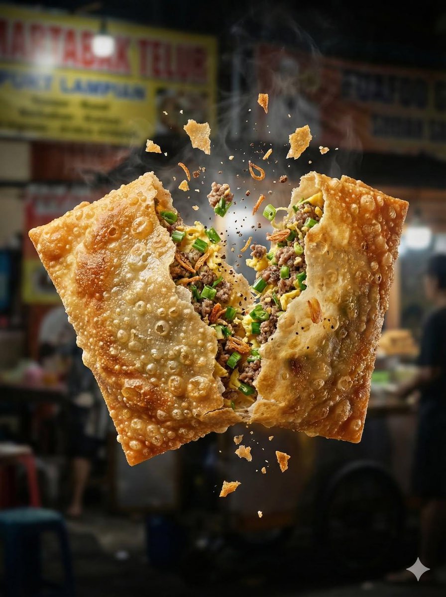 Macro Food Photography OF A Crispy Martabak Telur Tearing Open sample 4