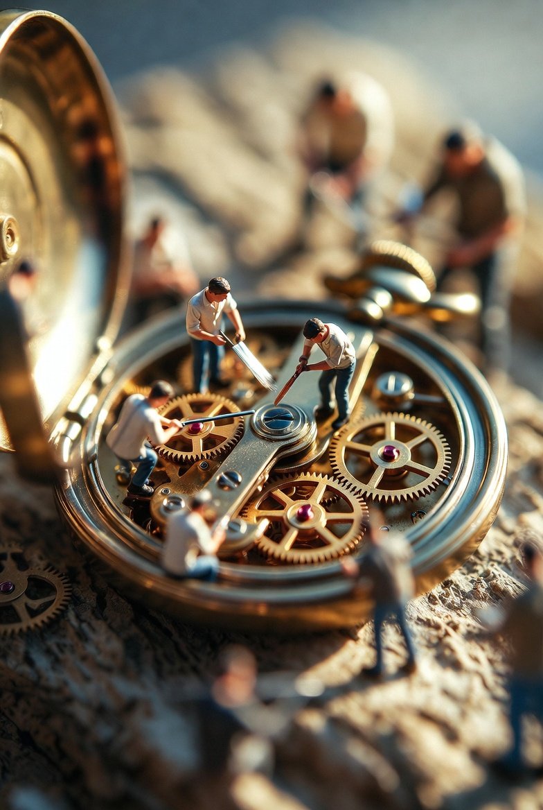 Ultra-realistic Macro Scene Depicting Tiny Restoration Workers Collaboratively Repairing AN sample 1