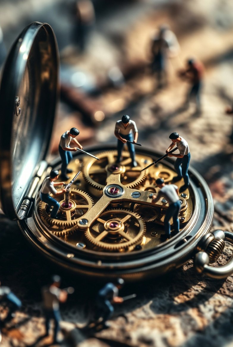 Ultra-realistic Macro Scene Depicting Tiny Restoration Workers Collaboratively Repairing AN sample 2