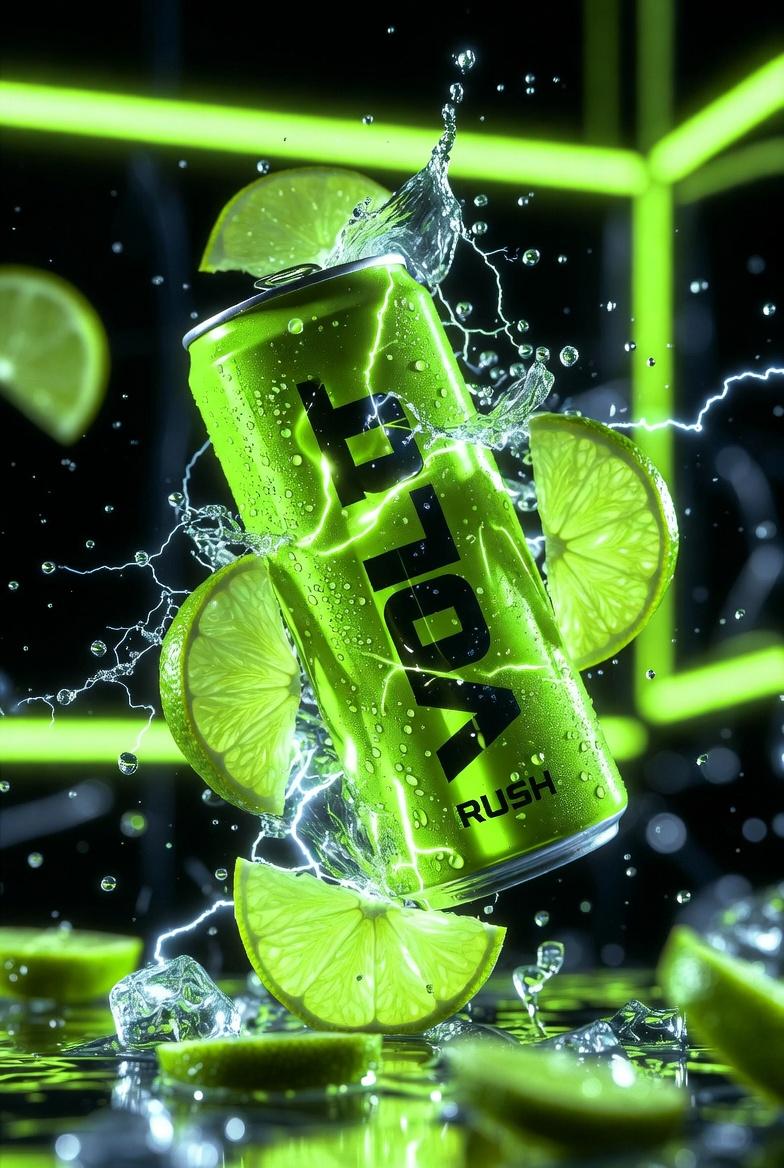 Ultra-cinematic Product Photography OF A Neon-green Energy Drink Can Labeled sample 2