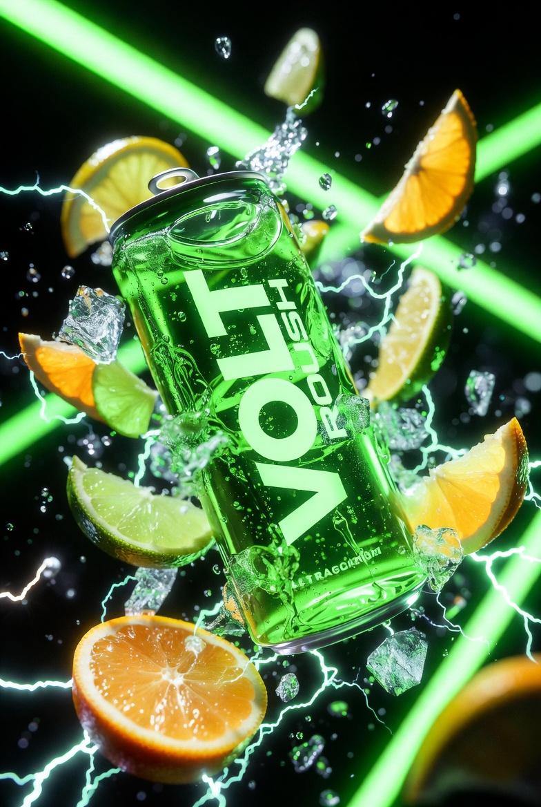 Ultra-cinematic Product Photography OF A Neon-green Energy Drink Can Labeled sample 3