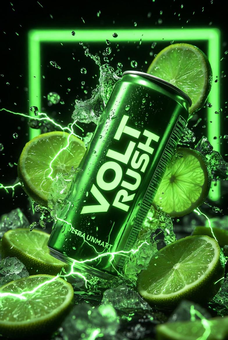 Ultra-cinematic Product Photography OF A Neon-green Energy Drink Can Labeled sample 4