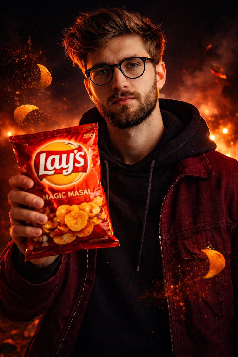 Cinematic, Ultra-realistic Advertising Shot OF A Man Holding A Lay’s sample 1