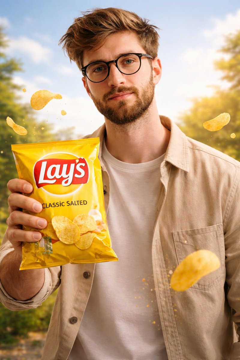 Cinematic, Ultra-realistic Advertising Shot OF A Man Holding A Lay’s sample 2
