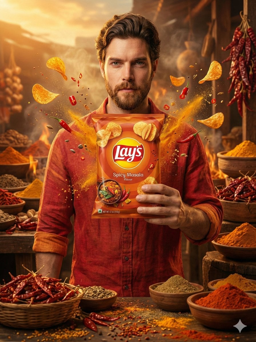 A cinematic, ultra-realistic advertising shot of a man holding a Lay’s FLAVOR NAME chips packet ... thumbnail 2
