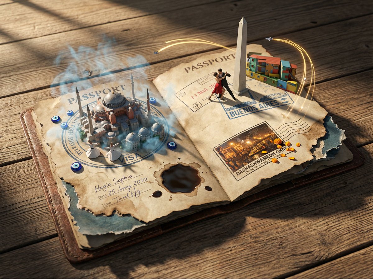 Epic 3D Scene: A Weathered Passport Lies Open, Its Visa sample 3