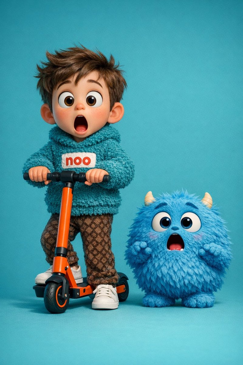 A high-quality 3D render of a cute young boy riding an orange electric scooter next to a small, ... thumbnail 2
