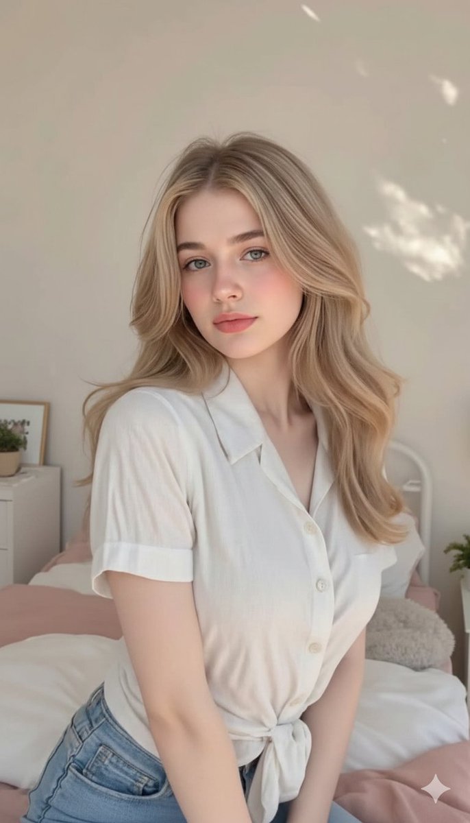 Cute, Innocent Young Adult Blonde Woman Sitting Comfortably ON A sample 1