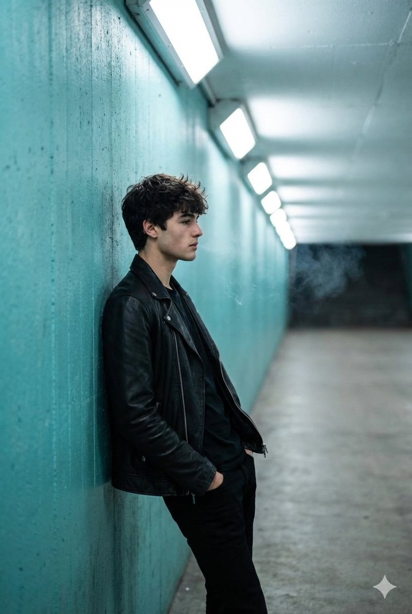 Full Shot Captures A Young Man IN Profile, Leaning Against sample 1