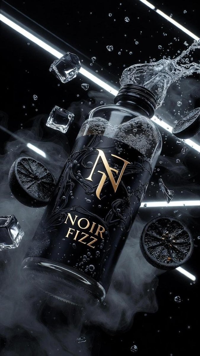 Ultra-cinematic product photography of a matte black luxury soda bottle labeled “NOIR FIZZ”, flo... thumbnail 2