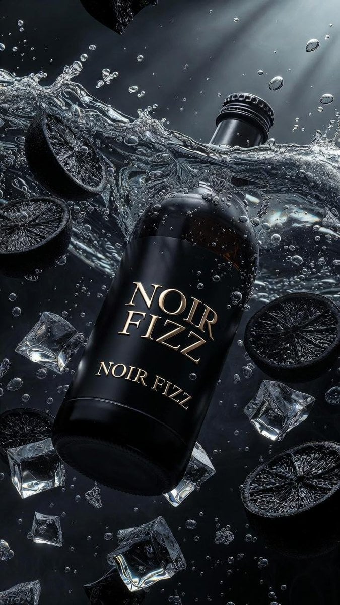 Ultra-cinematic product photography of a matte black luxury soda bottle labeled “NOIR FIZZ”, flo... thumbnail 3