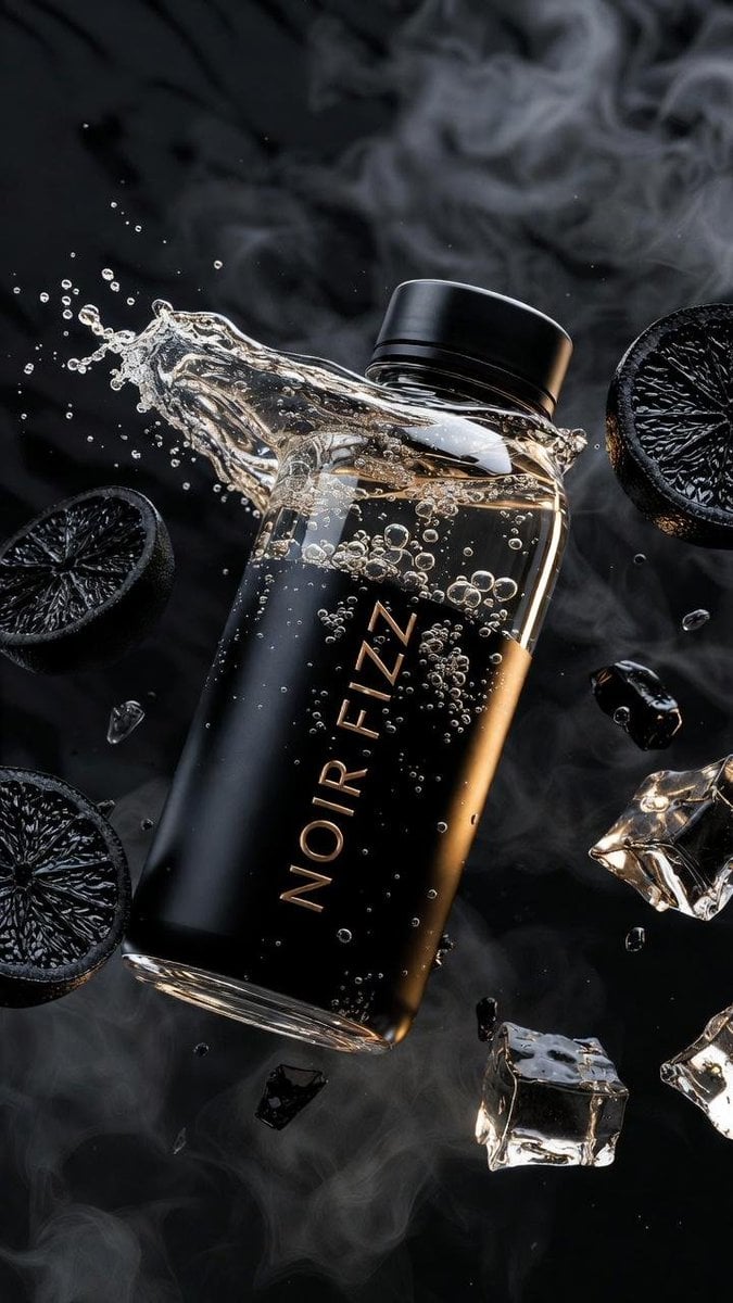 Ultra-cinematic product photography of a matte black luxury soda bottle labeled “NOIR FIZZ”, flo... thumbnail 4