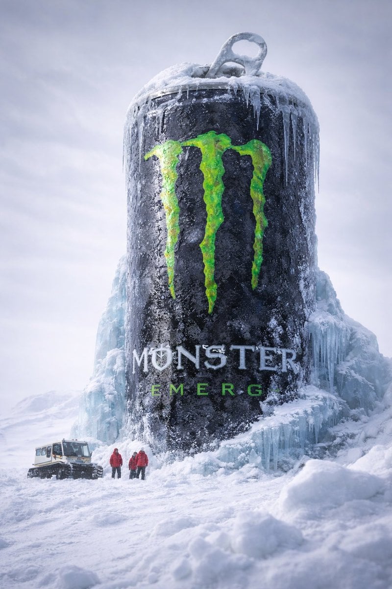 Hyper-realistic cinematic 8k photograph, low-angle wide perspective. A massive Monster Energy ca... thumbnail 2