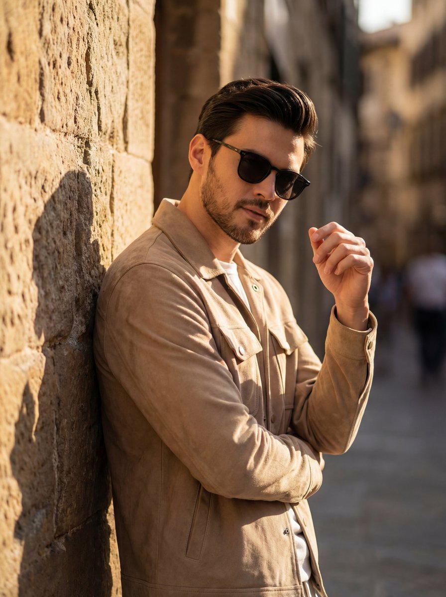 Cinematic Golden Hour Portrait OF A Stylish Man Leaning Against sample 1
