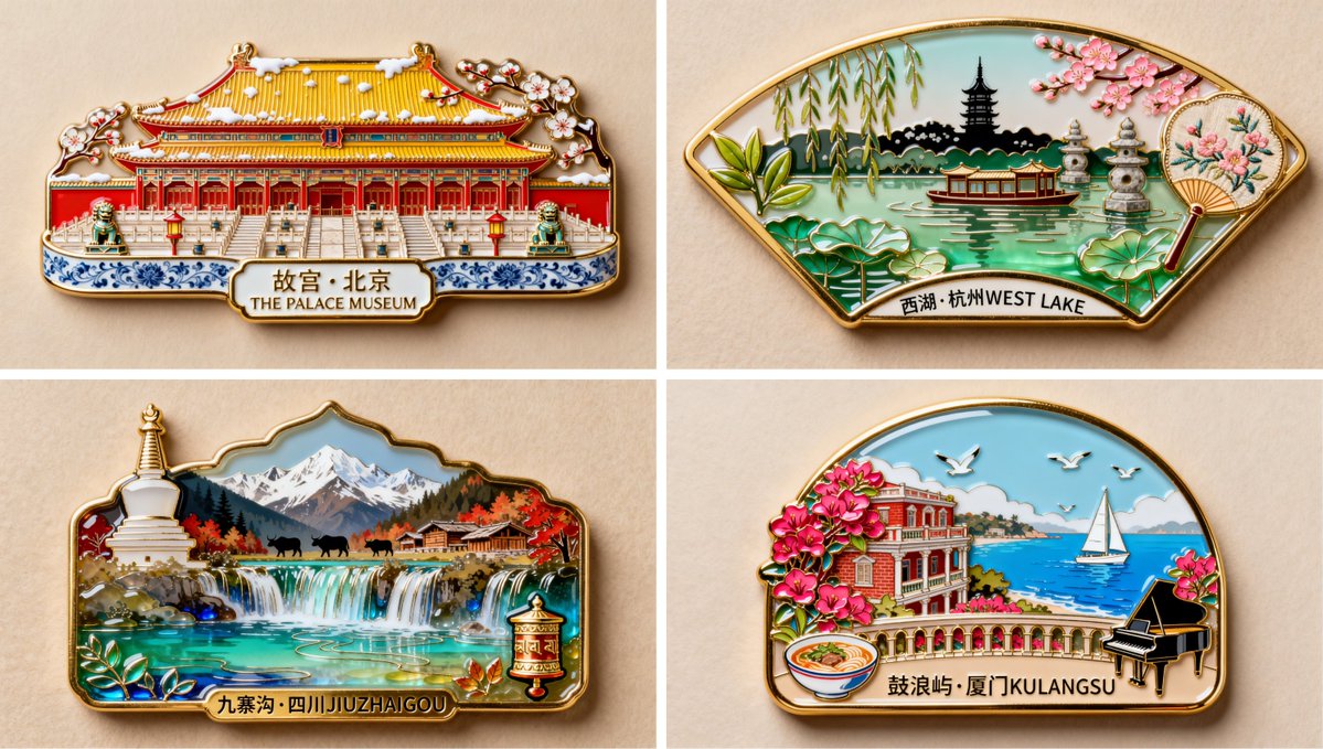 珐琅彩琉璃艺术风格，金属质感，制作一枚冰箱贴，写着西湖·杭州 WEST sample 1