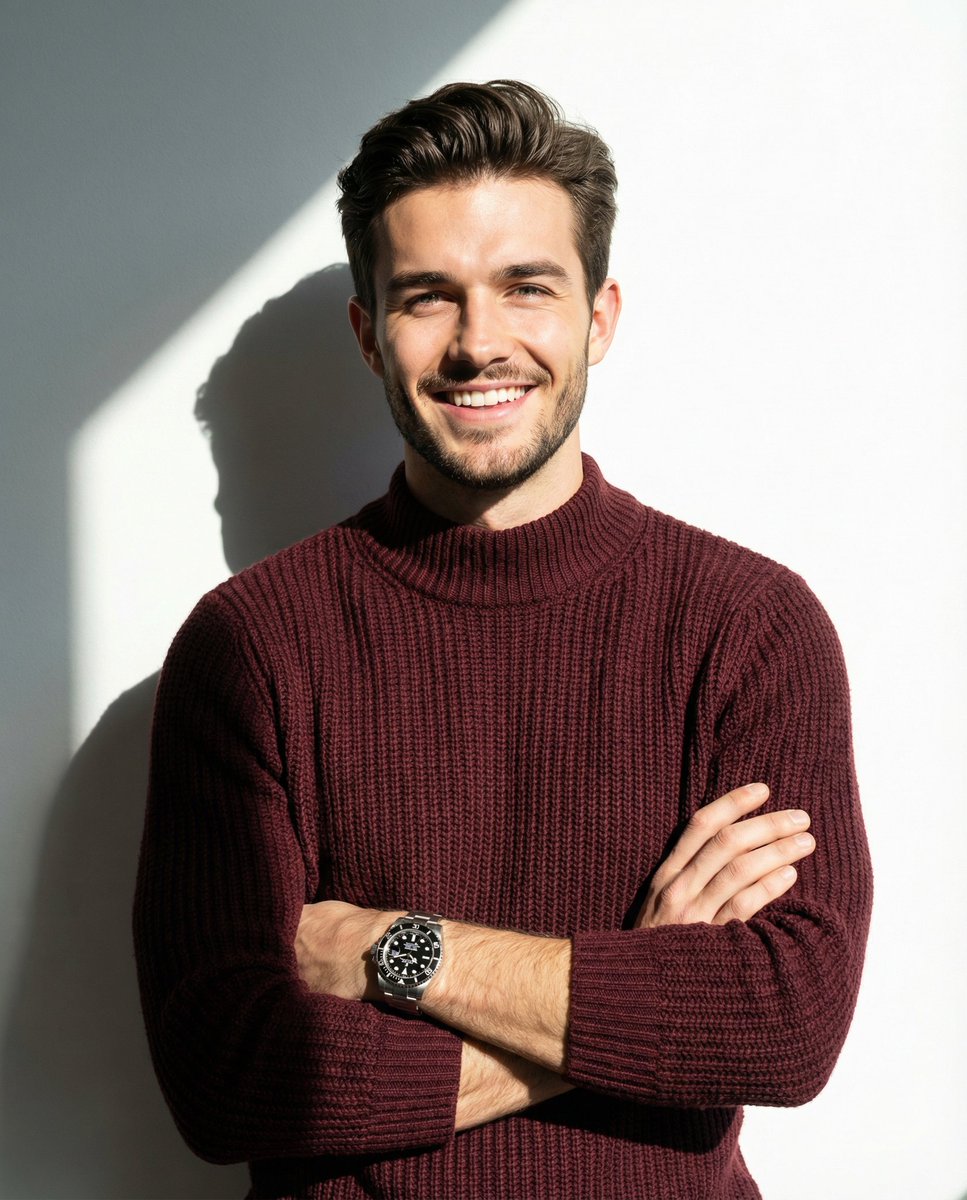 Man Smiling And Posing With His Arms Crossed, Wearing A sample 1