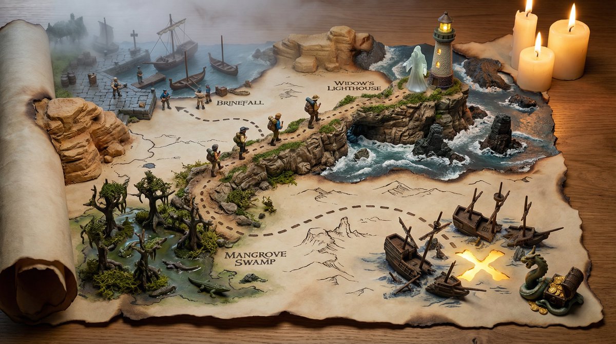 Hand-drawn Treasure Map ON Aged Parchment, With The Adventure Erupting sample 2