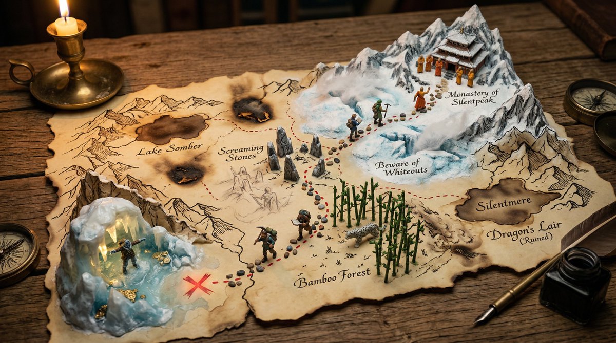 Hand-drawn Treasure Map ON Aged Parchment, With The Adventure Erupting sample 3