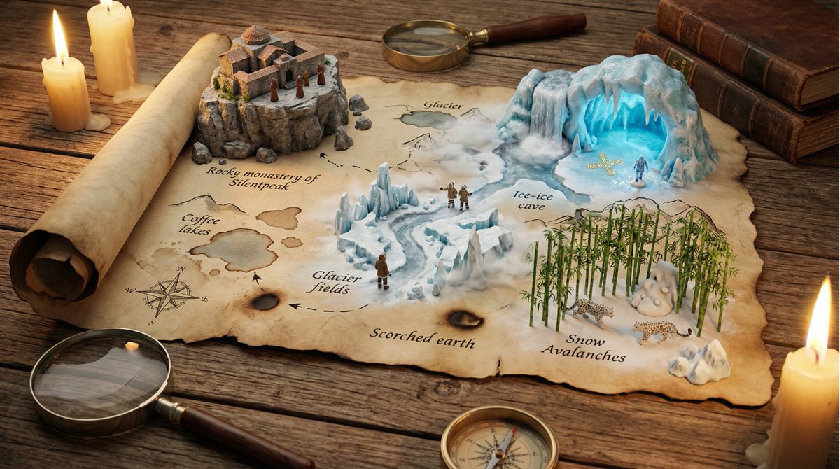 Hand-drawn Treasure Map ON Aged Parchment, With The Adventure Erupting sample 4