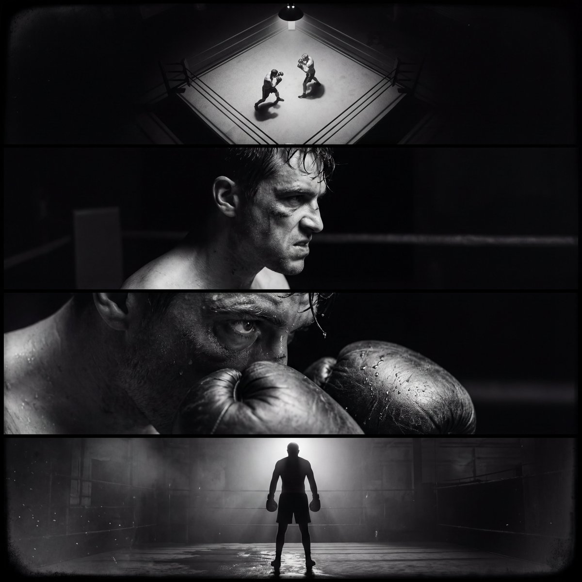 Single Film Noir–style Cinematic Image Divided Into Four Horizontal Panels, sample 1