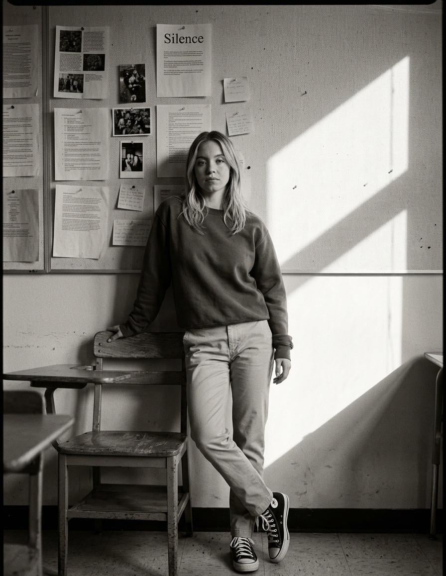 Create a high-contrast black and white portrait in a quiet classroom.Use uploaded image as refer... thumbnail 2