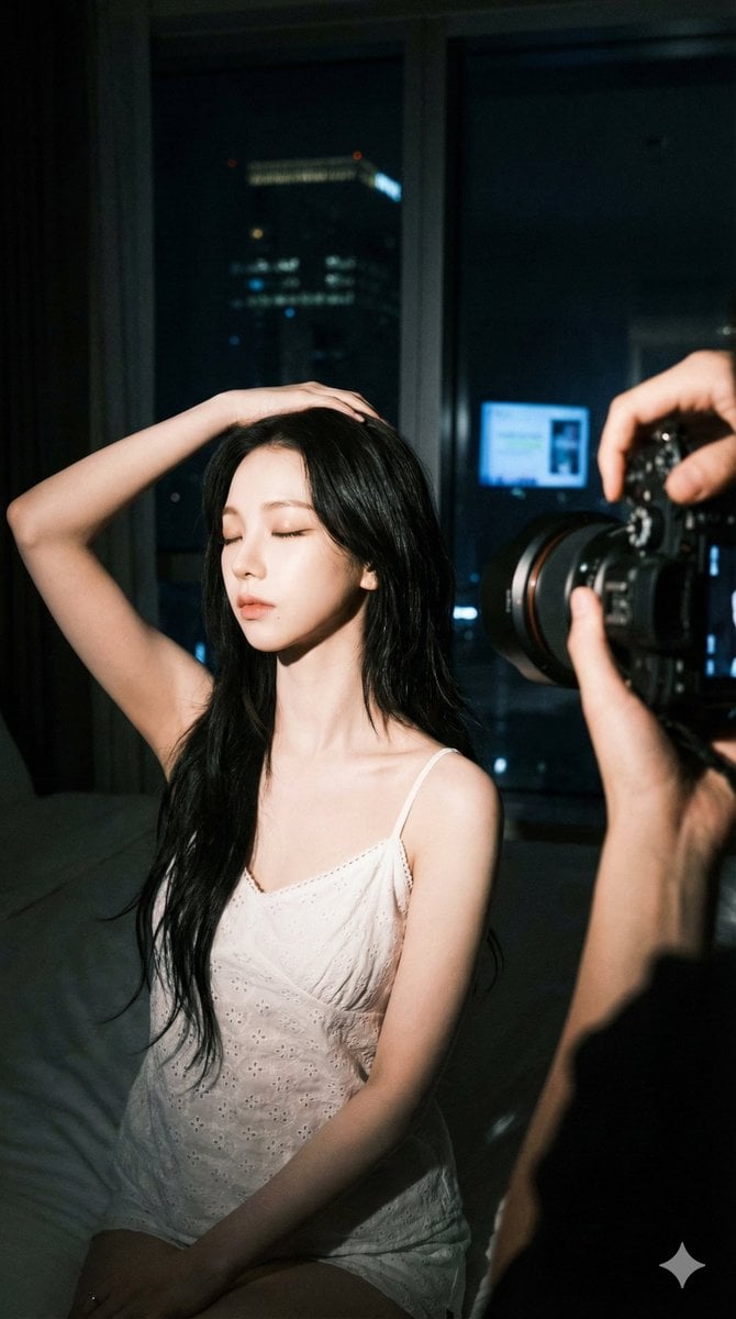 Karina Aespa Night City Behind-the-Scenes Portrait — Behind-the-scenes indoor photography at night, high-contrast. Subject with signature sharp V-shaped…
