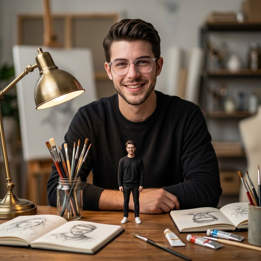 Ultra-realistic cinematic portrait of a young man sitting at a wooden desk in a cozy art studio, sm…