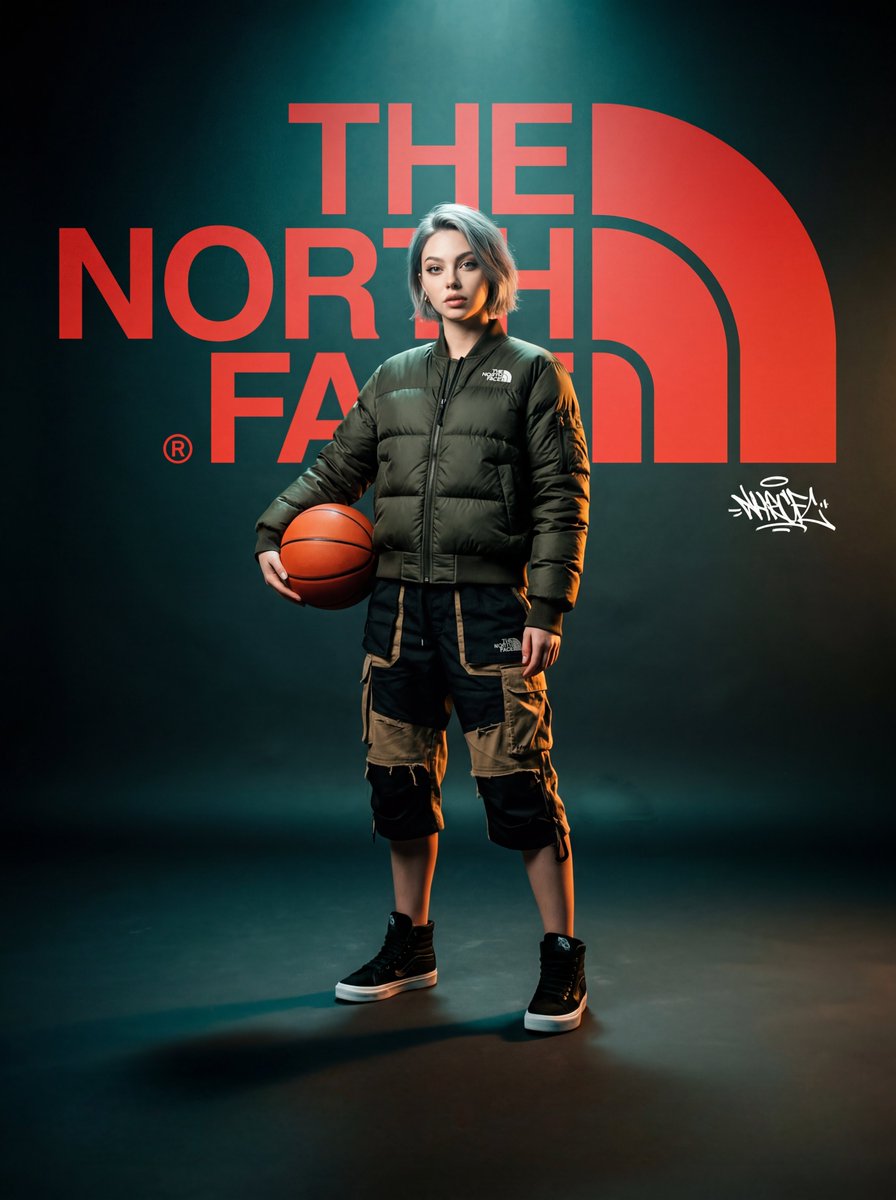 A high-fashion, cinematic brand concept poster for "The North Face." The scene features a woman in …
