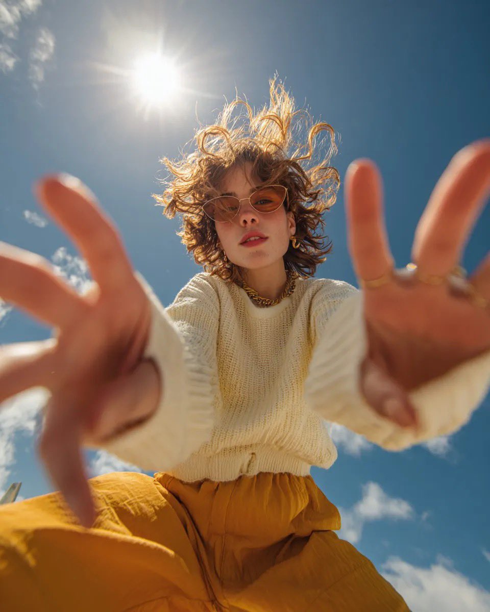 Ultra Wide-angle Low-angle Portrait Shot From Ground Perspective, Young Woman sample 2