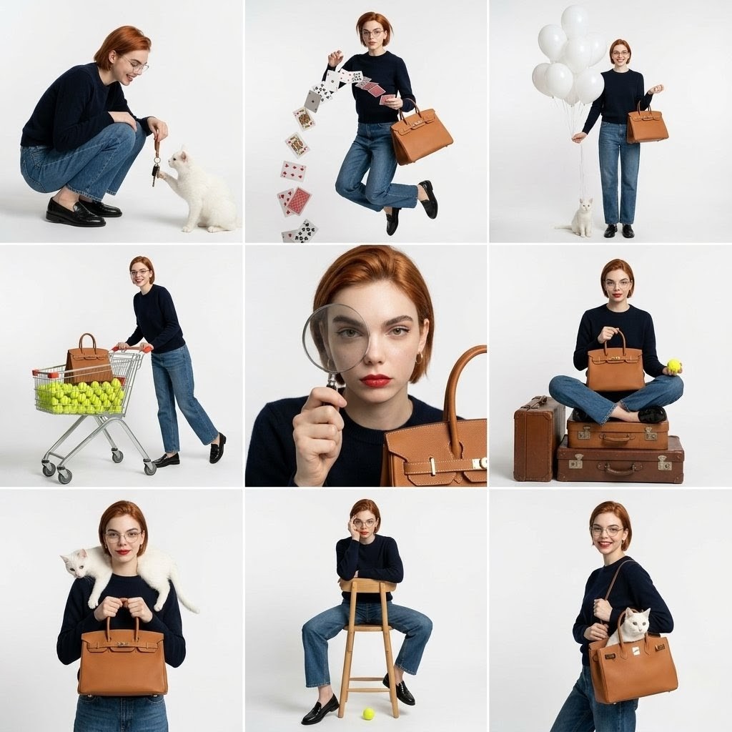 studio fashion collage, 3x3 grid layout, same subject repeated in different poses across all panels…
