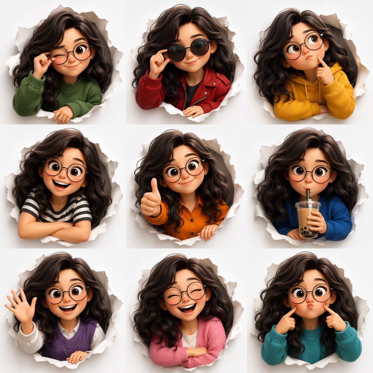 3D Pixar-style Expression Sheet, Cute Stylized Avatar With Wavy Dark sample 1