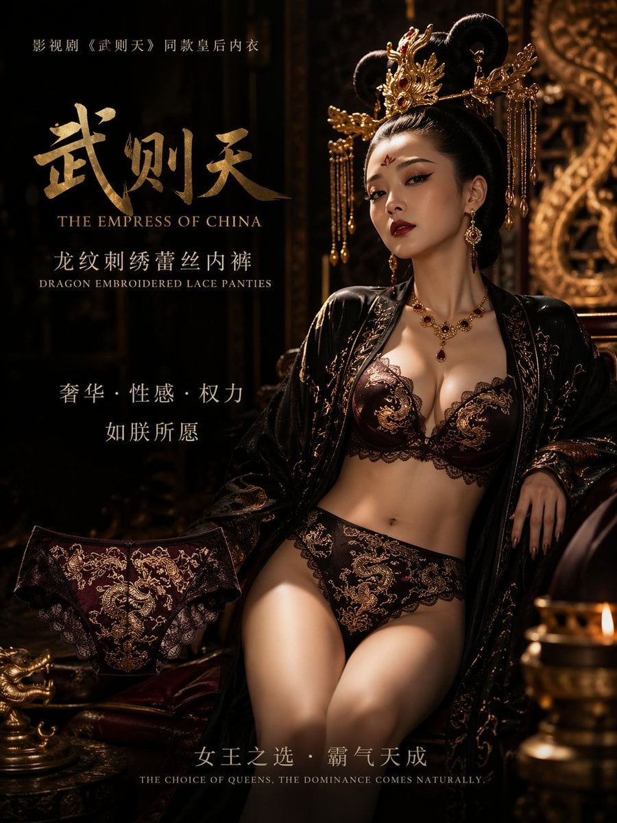 武则天同款皇后内衣广告大片，明黄底色龙纹刺绣，大红丝绸飘带衬托 thumbnail 2