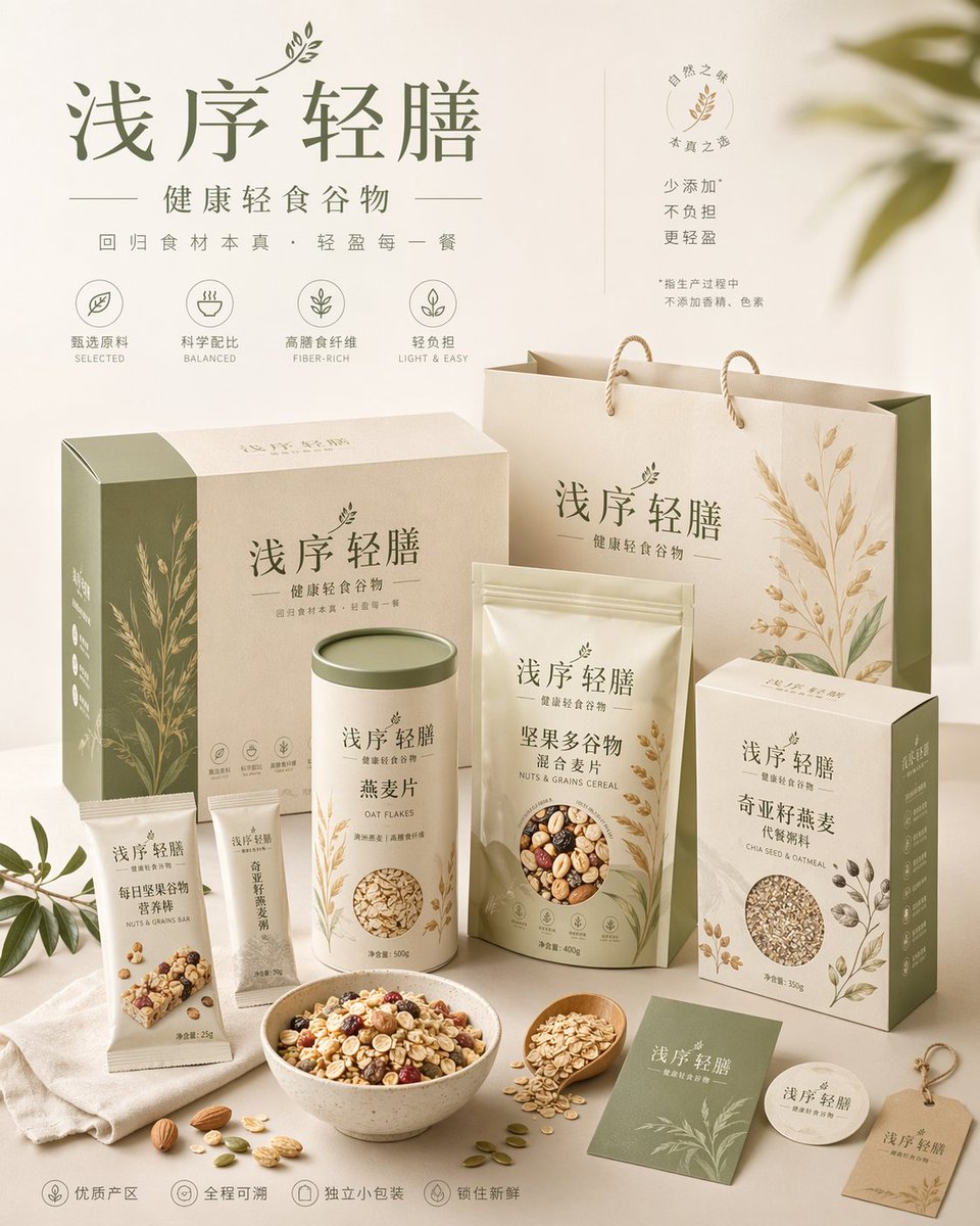 请为品牌主题、类目为主题创作一张高审美、高完成度的「品牌包装系统展示图」 sample 2