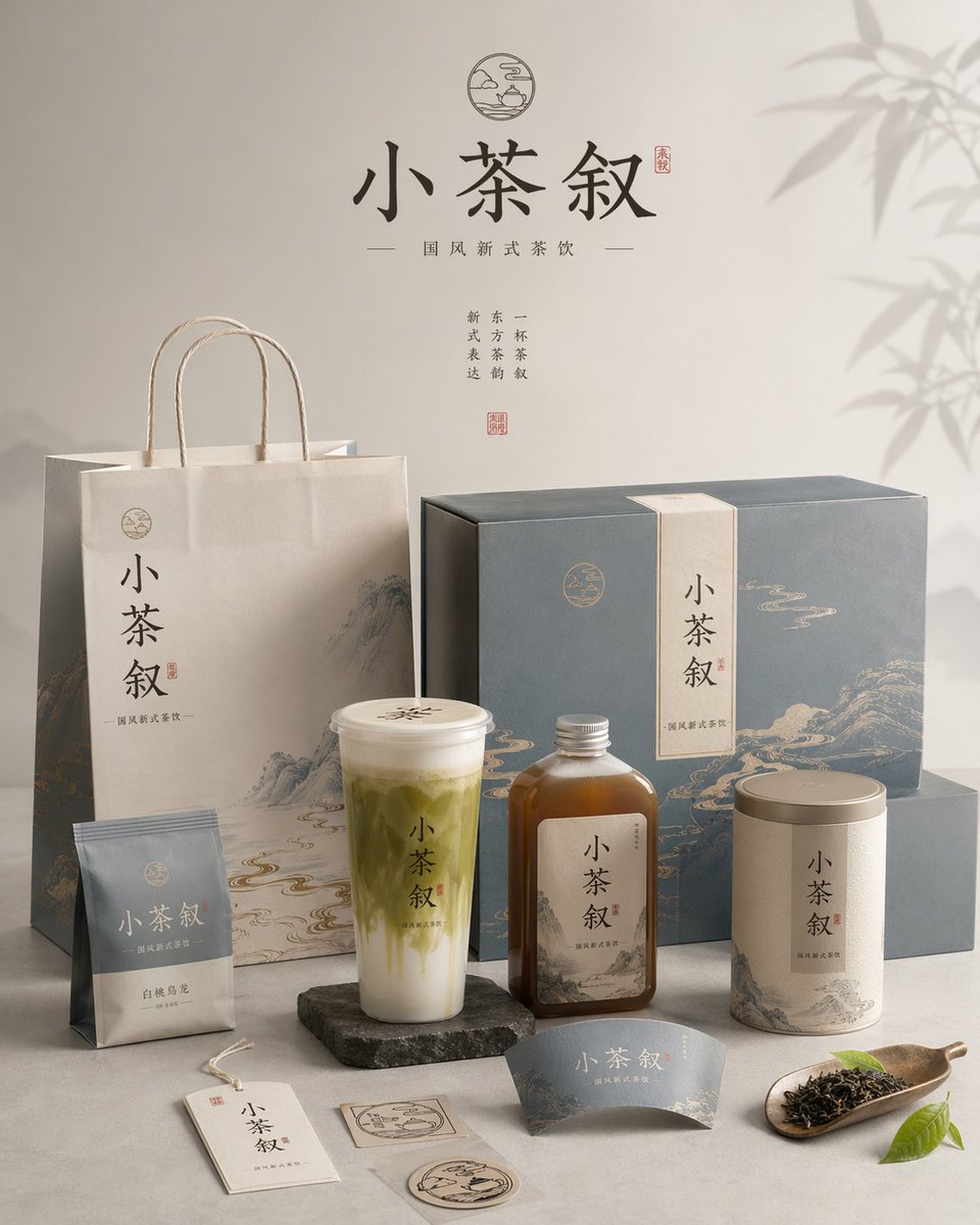 请为品牌主题、类目为主题创作一张高审美、高完成度的「品牌包装系统展示图」 sample 4